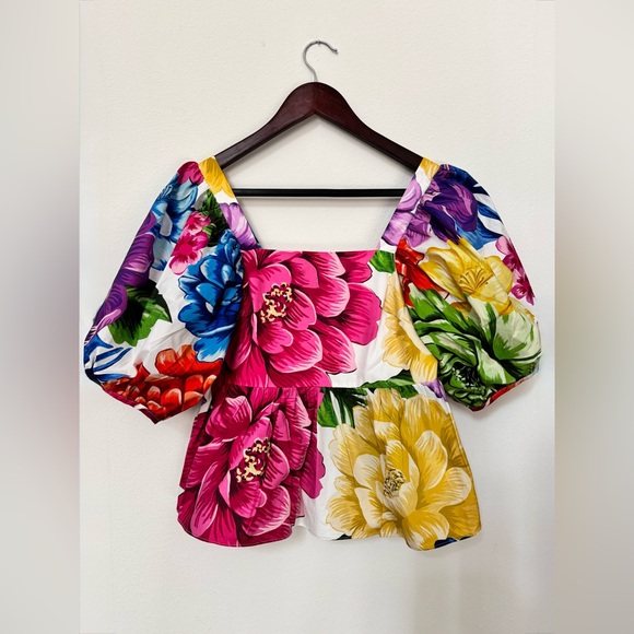 FARM Rio Tops - FARM Rio Rainbow Chita Floral Blouse Square Neck Puff Sleeve Boho Top | Size XS